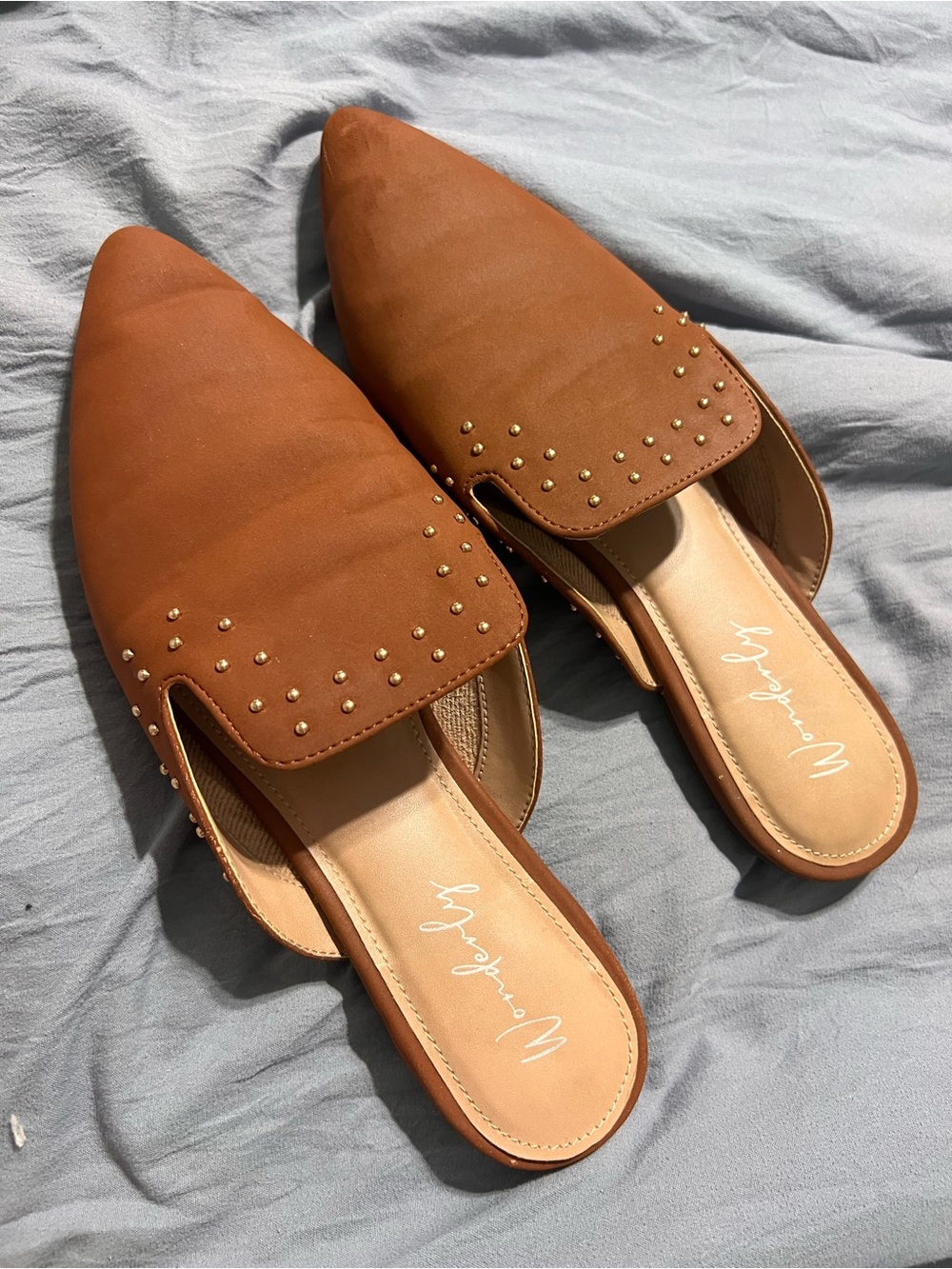 Wonderly Cognac Studded Slip-On Mules